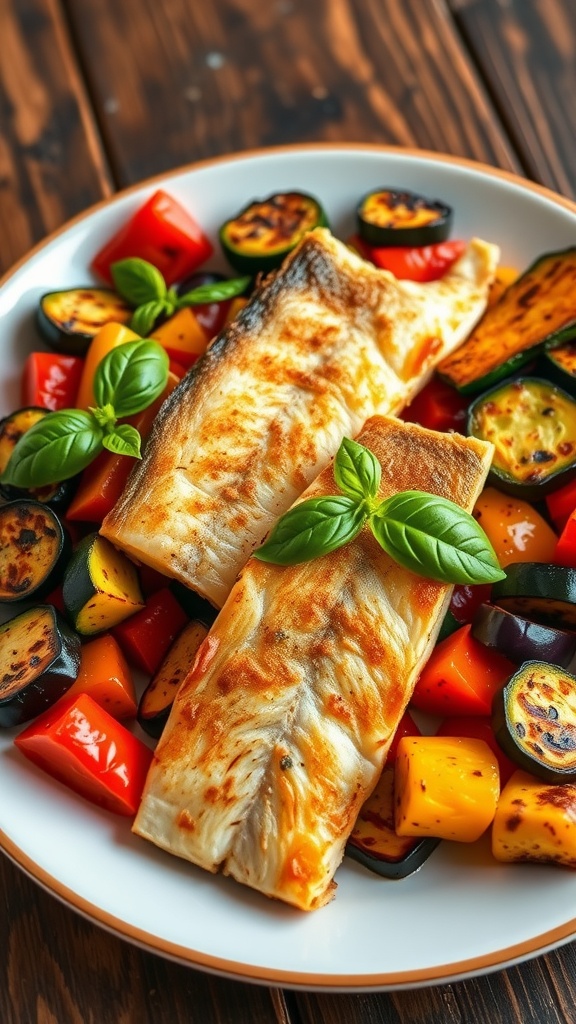 Pan-seared sea bass with grilled vegetables on a rustic plate, garnished with basil.